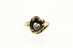 10K Yellow Gold Heart Black Onyx Diamond Bypass Retro Ring