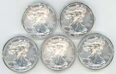 5 Superb Gem BU 2009 $1 Silver Eagles in custom capsules