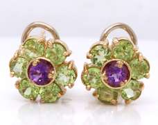 Gorgeous Peridot, Amethyst Flower Yellow Gold Earrings