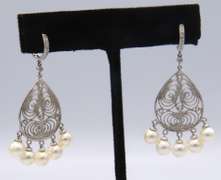 6MM CULTURED PEARL AND DIAMOND CHANDELIER EARRINGS.