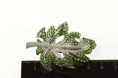 18K White Gold 9.55 Ctw Pave Tsavorite Garnet Diamond Leaf Pin/Brooch
