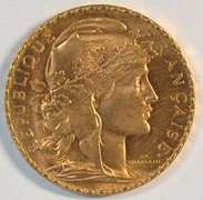 Gem BU 1910 France 20 Francs Gold 'Rooster' coin