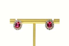 10K Yellow Gold Oval Syn. Ruby CZ Halo Classic Screw Back Earrings