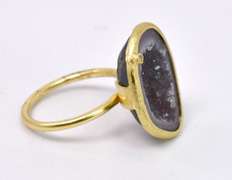Glamorous Geode Formation Set in Yellow Gold Plated Sterling Silver Ring with Diamond Accent