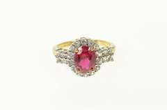 10K Yellow Gold Oval Syn. Ruby CZ Halo Classic Statement Ring