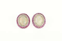 18K White Gold Oval Opal Diamond Ruby Halo Clip Back Earrings