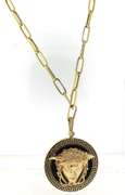 Handmade Italian 14k Gold Cable Chain Necklace with Onyx Greek Pendant with Head of Hermes