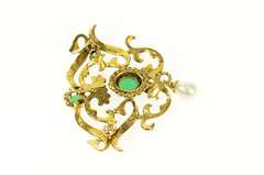 14K Yellow Gold Victorian Chrysoprase Seed Pearl Scroll Pendant/Pin