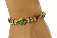 18K Yellow Gold Oval Sapphire Diamond Emerald Statement Bracelet