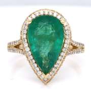Glowing Yellow Gold Pear Cut Emerald w PAve Halo Ring w Split Shank Diamonds