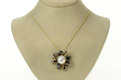 18K Yellow Gold JY Designer Pearl Enamel Diamond Flower Pendant