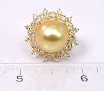 Luxurious Golden Pearl and Diamond Ring in 14K Yellow Gold