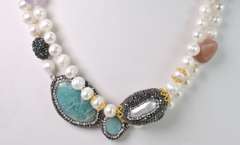 Decadent Pearl Necklace with Crystalized Turquoise, Mother of Pearl & Colorful Gemstones