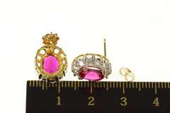 10K Yellow Gold Oval Syn. Ruby CZ Halo Classic Screw Back Earrings