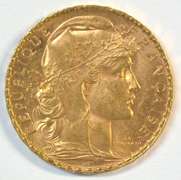 Gem BU 1909 France 20 Francs Gold 'Rooster' coin