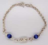 Sterling Silver Cable Chain Bracelet with Blue Beads and Cubic Zirconias