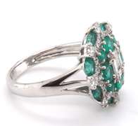Intricate 18k Stamped White Gold Emerald and Diamond Ring
