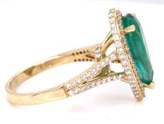 Glowing Yellow Gold Pear Cut Emerald w PAve Halo Ring w Split Shank Diamonds