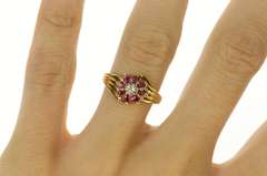 10K Yellow Gold Diamond Ruby Halo Round Flower Cluster Ring