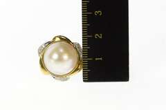 14K Yellow Gold Ornate Pearl Diamond Swirl Halo Cocktail Ring