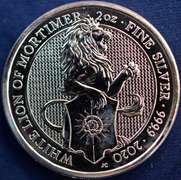 2020 White Lion Of Mortimer 5 Pound Queens Beast 2oz .999 Silver Coin.