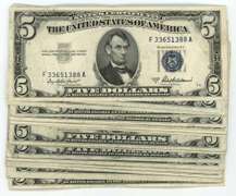 10 Nicer Series of 1953 $5 Blue Seal Silver Certificates