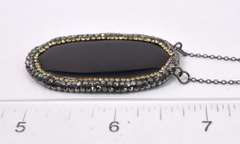 Beautiful Large Tablet Cut Onyx Set with Sparkling Halo of Crystal Accents Necklace