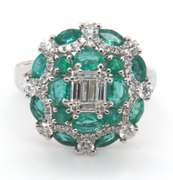 Intricate 18k Stamped White Gold Emerald and Diamond Ring