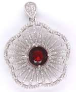 Voluminous Floral Sterling Silver Pendant with Red Core and Cubic Zirconias