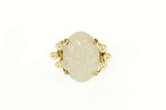 14K Yellow Gold Carved Swirl Quartz Retro Pearl Accent Ring