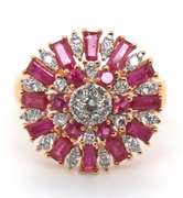 Stunning 18k Stamped Yellow Gold Diamond Halo Ring with Gorgeous Rubies