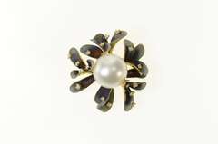 18K Yellow Gold JY Designer Pearl Enamel Diamond Flower Pendant