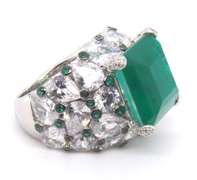 Green Emerald and CZ Sterling Silver Ring