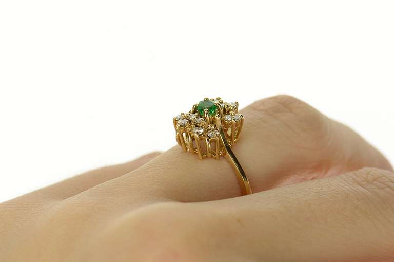 14K Yellow Gold Round Emerald Diamond Cluster Accent Ring