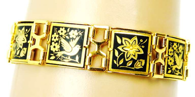 Vintage Damascene Panel Link Bracelet, Excellent