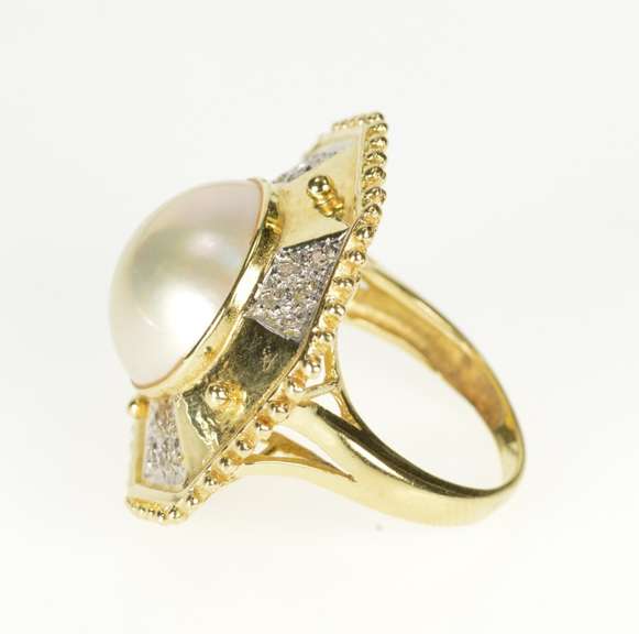 14K Yellow Gold Pearl Geometric Diamond Squared Cocktail Ring