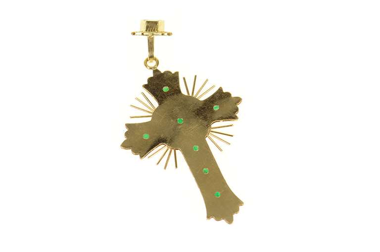 18K Yellow Gold 4.70 Ctw Victorian Natural Emerald Cross Pendant