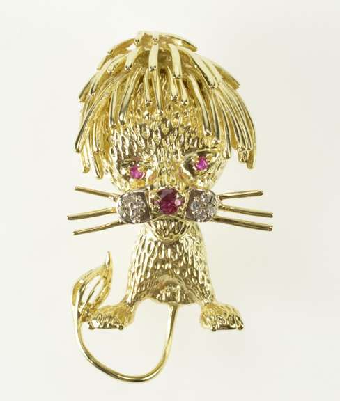 14K Yellow Gold Ruby Diamond Whisker Kitty Cat Retro Pin/Brooch