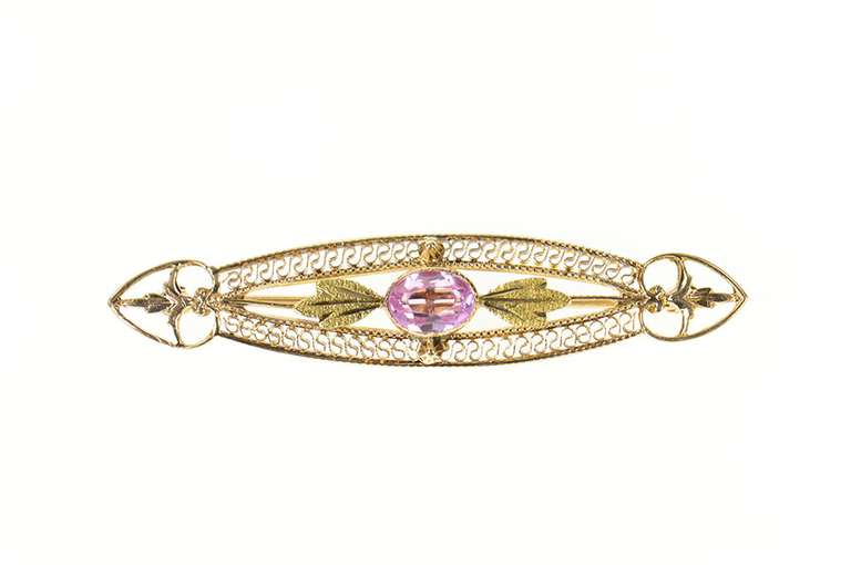 10K Yellow Gold Art Deco Pink Topaz Filigree Ornate Bar Pin/Brooch