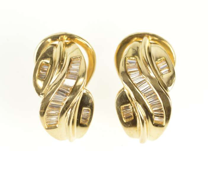 14K Yellow Gold Baguette Diamond Criss Cross French Clip Earrings