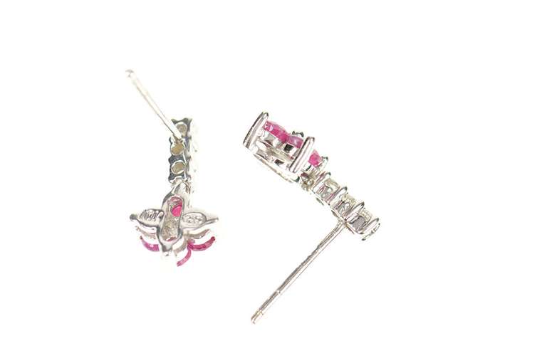 10K White Gold Ruby Flower Cluster Drop Diamond Earrings