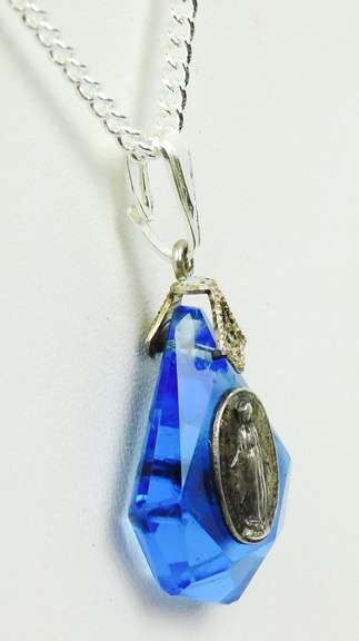 Vintage Faceted Glass & Sterling Miraculous Mary Necklace
