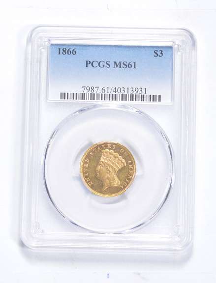 MS61 1866 $3.00 Indian Princess Head Gold Three-Dollars - Graded PCG
