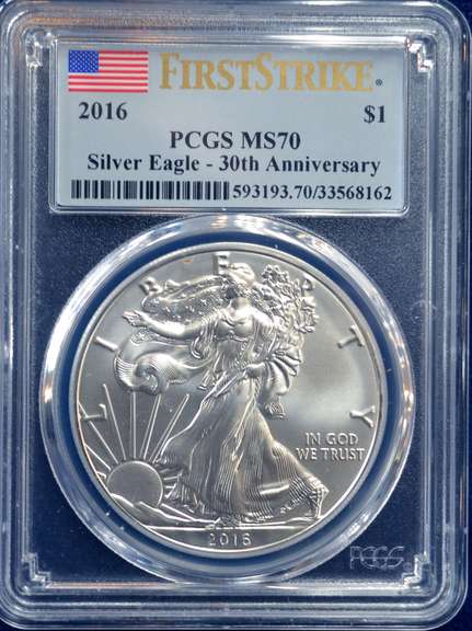 2016 $1 AMERICAN SILVER EAGLE PCGS MS70 FLAG FIRST STRIKE LABEL 30th ANNIVERSARY