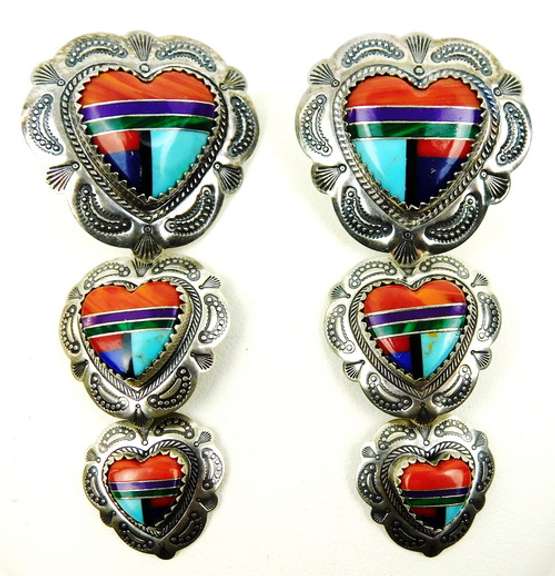 Q.T. Zuni Sterling Triple Heart Gemstone Earrings