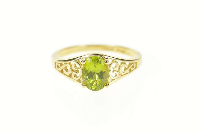 14K Yellow Gold Oval Peridot Scroll Filigree Statement Ring