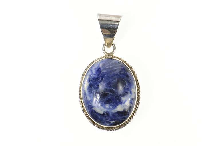 Sterling Silver Oval Sodalite Cabochon Rope Trim Statement Pendant