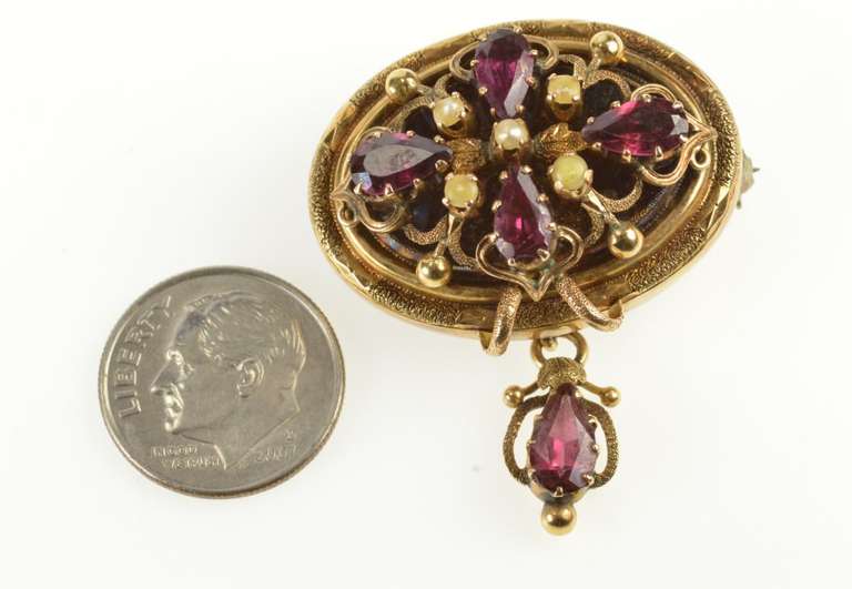 14K Yellow Gold Victorian Seed Pearl Tourmaline Statement Pin/Brooch