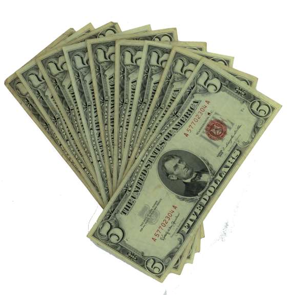 10 Assorted $5 1963 Series Red Seal US Notes