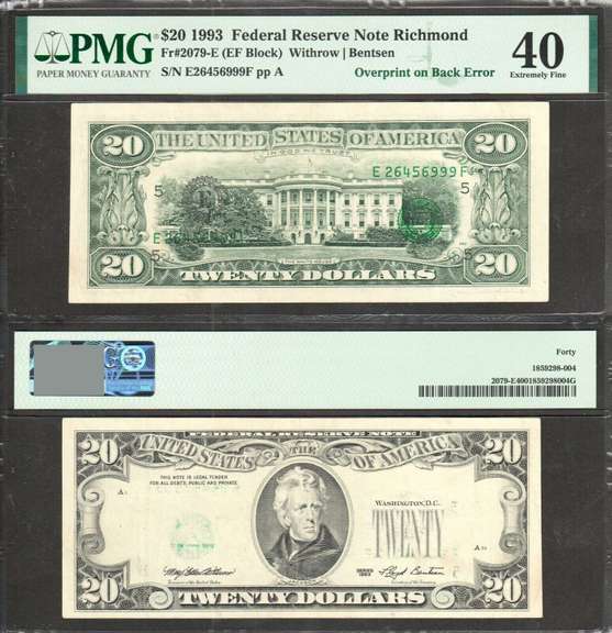 $20 1993 FRN Overprint on Back Error Serial Numbers on Back PMG XF 40